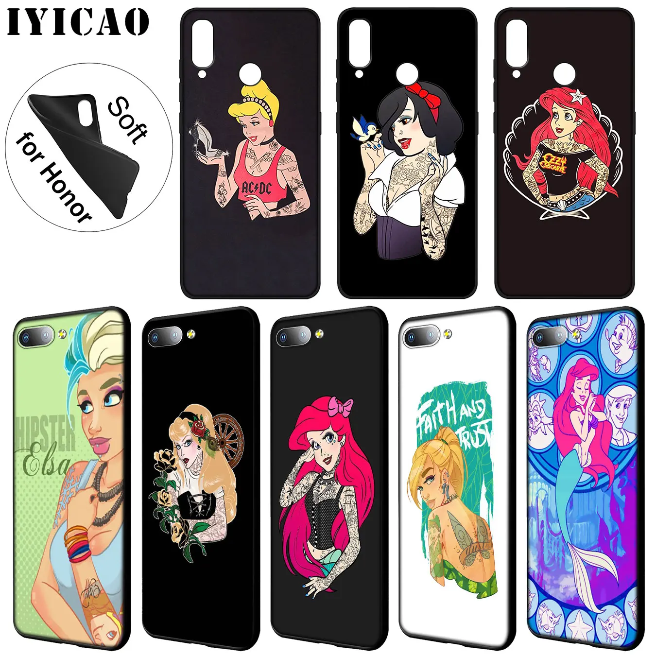 IYICAO Tattooed princess Alice Ariel love Soft Case for Huawei Y9 Y7 Y6 Prime 2019 Honor 20 8C 8X 8 9 9X 10 Lite 7C 7X 7A Pro |
