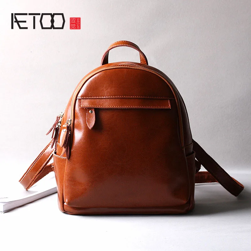 

AETOO Retro oil wax leather bag vintage brown split leather backpack travel backpacks women