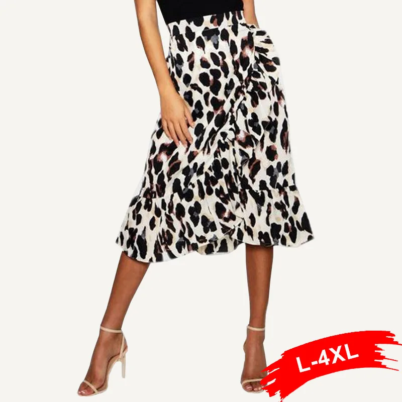 

Plus Size Ruffles Leopard Print Midi Skirts 3Xl 4Xl Summer Spring Sexy Office Lady High Waist Chi Mid-Calf Bodycon Satin Skirts