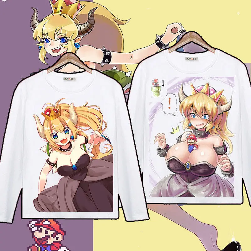 Bowsette Super Mario Peach Bowser Cosplay Long Sleeve Round Neck T