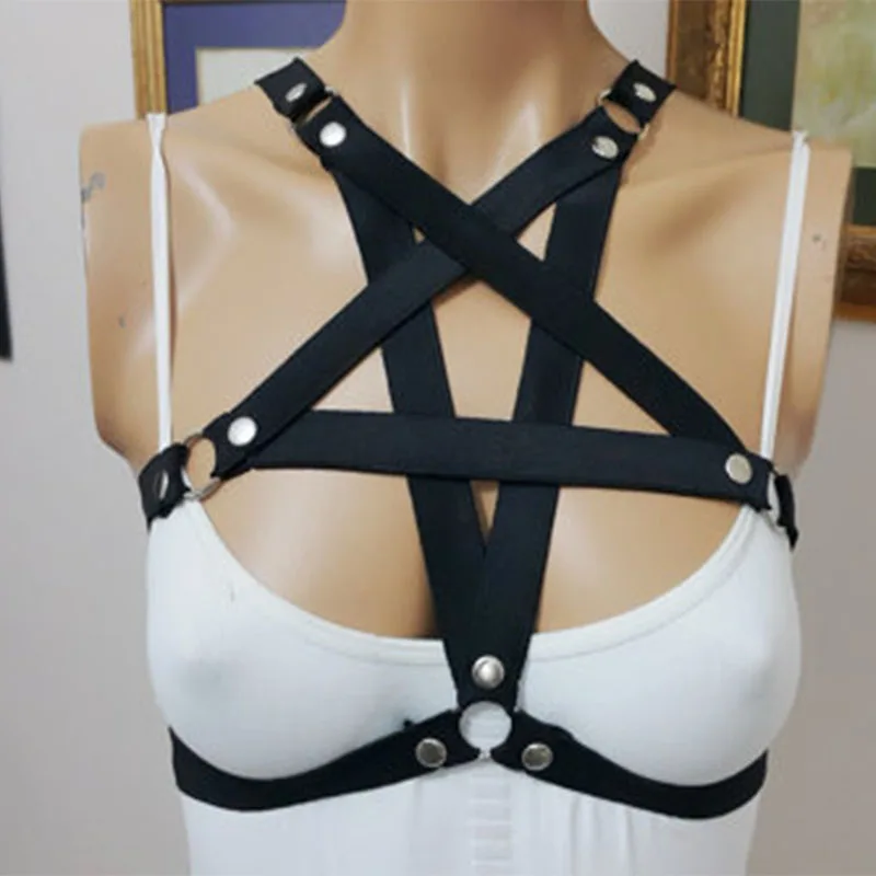 Пентаграмма бондаж укороченный топ мода готический для женщин грудь о-образное кольцо шипованные ремень подвязки клетка бондаж белье Бюст черный