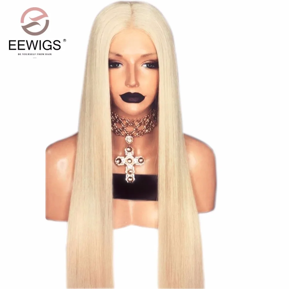 

EEWigs Platinum Blonde Wig Silky Straight Synthetic Lace Front Wig With Natural Hairline 180 Density Ombre Wigs For Women