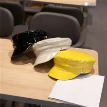 1 шт., Женская Шапка-бини с плоской подошвой из искусственной кожи, осенне-зимняя черная и желтая шапка в стиле милитари, берет, модная Классическая Шапка в стиле ретро, QDD9672