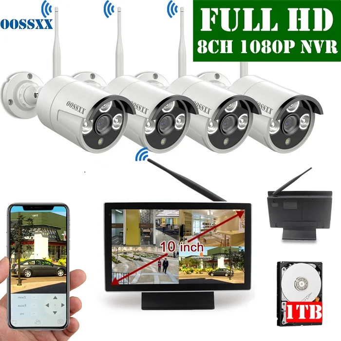 OOSSXX 8CH 1080P Беспроводной NVR комплект 10' монитор беспроводной CCTV 4 шт 1080P Крытый Открытый IP камера система видеонаблюдения - Цвет: Белый