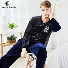 Золотые бархатные зимние мужские пижамные комплекты из плотной фланели с круглым вырезом, Повседневная Свободная Домашняя одежда, зимний теплый костюм из двух предметов, нижнее белье