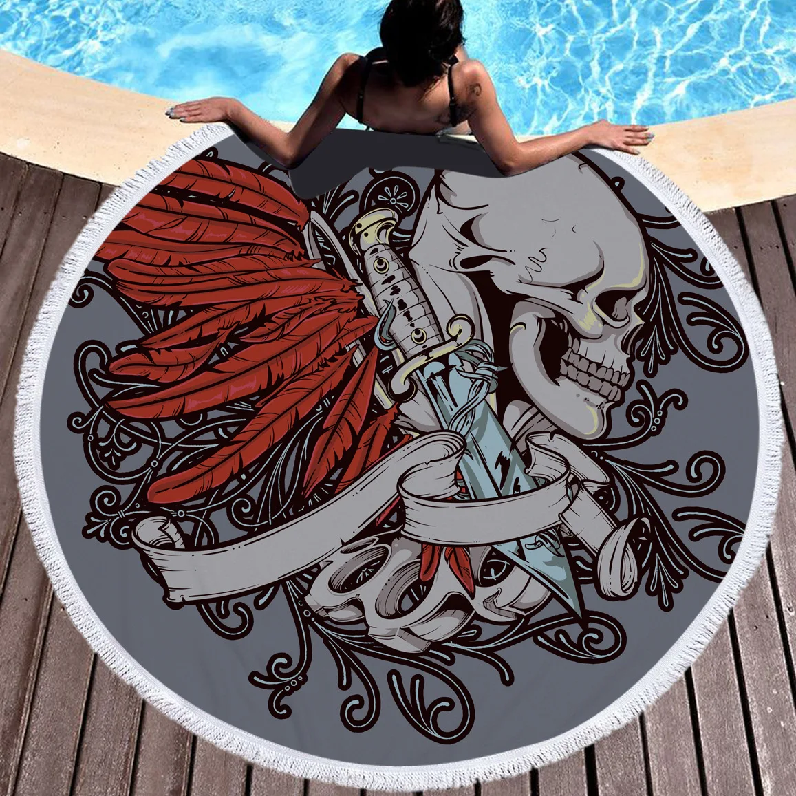 Custom Print Pineapple Bath Towel Round with Fringe Beach Fashion Indain Chief Skull Blamket Swimming Sunbath Body Cover | Дом и сад