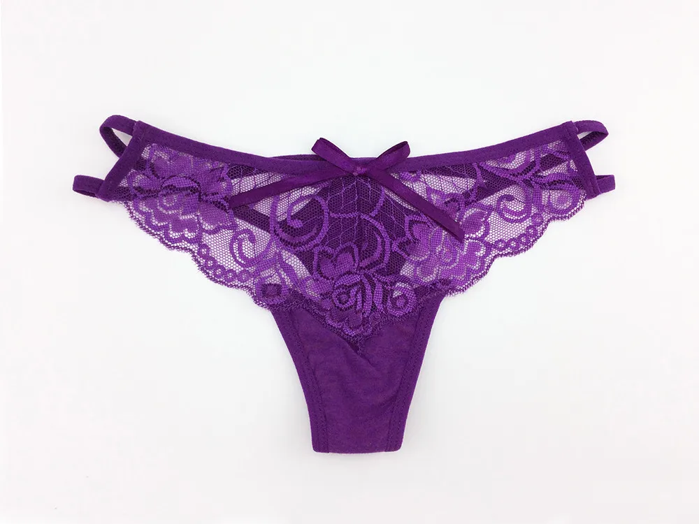 women\'s cotton lace bow t thongs, purple