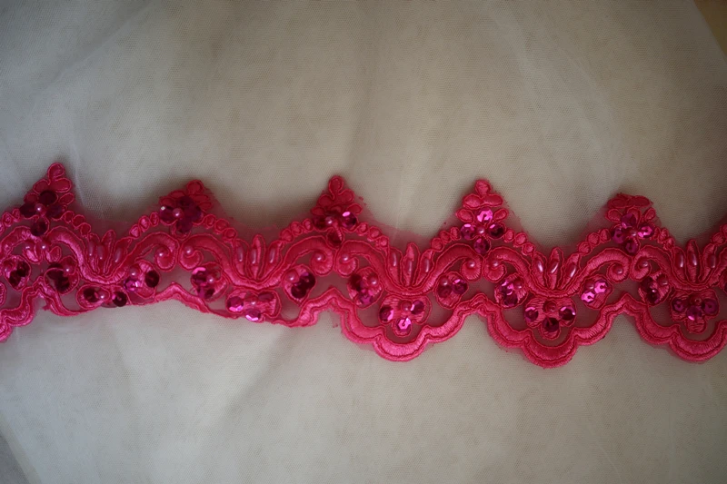 10 yards hot pink beaded lace trim, embroidered lace trim for sewing
