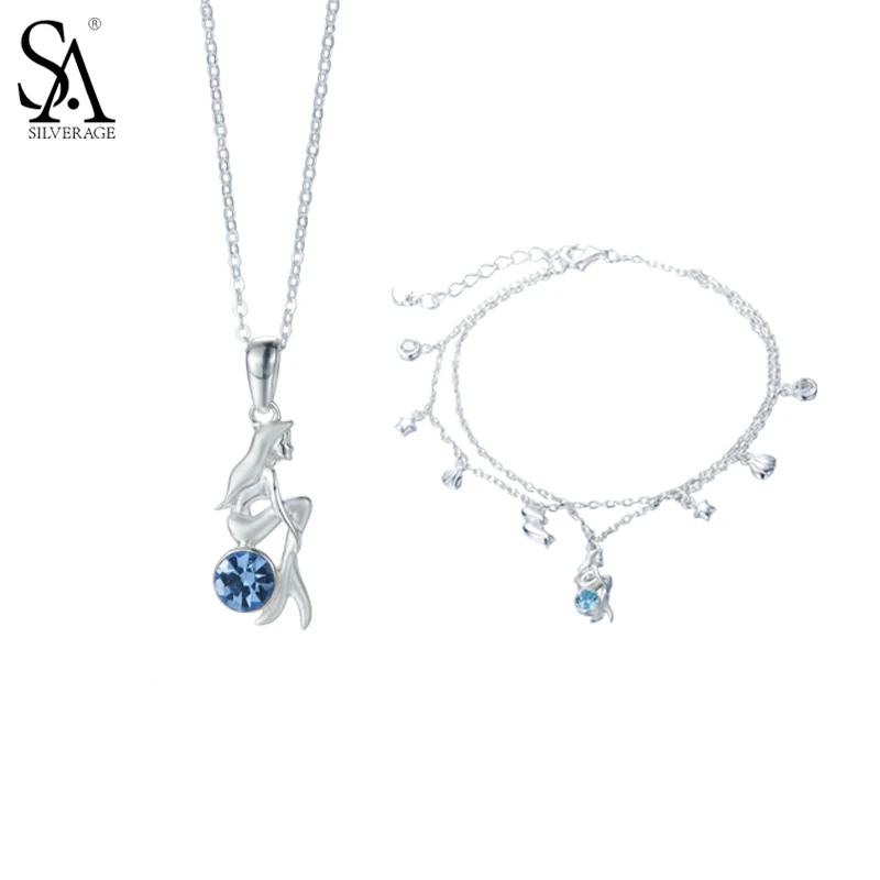 

SA SILVERAGE 925 Sterling Silver Women Jewelry Sets Mermaid Pendant Necklaces Chain Bracelet Blue AAA CZ Jewelry Party Gifts