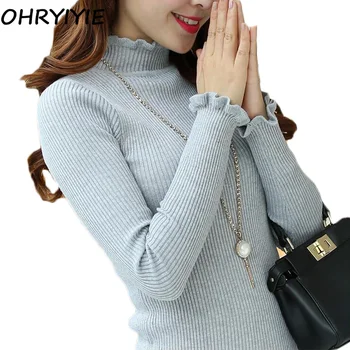 

OHRYIYIE 2019 Autumn Winter Women Turtleneck Sweaters And Pullovers Women Ruffles Long Sleeve Knitted Sweater Jumper Pull Femme