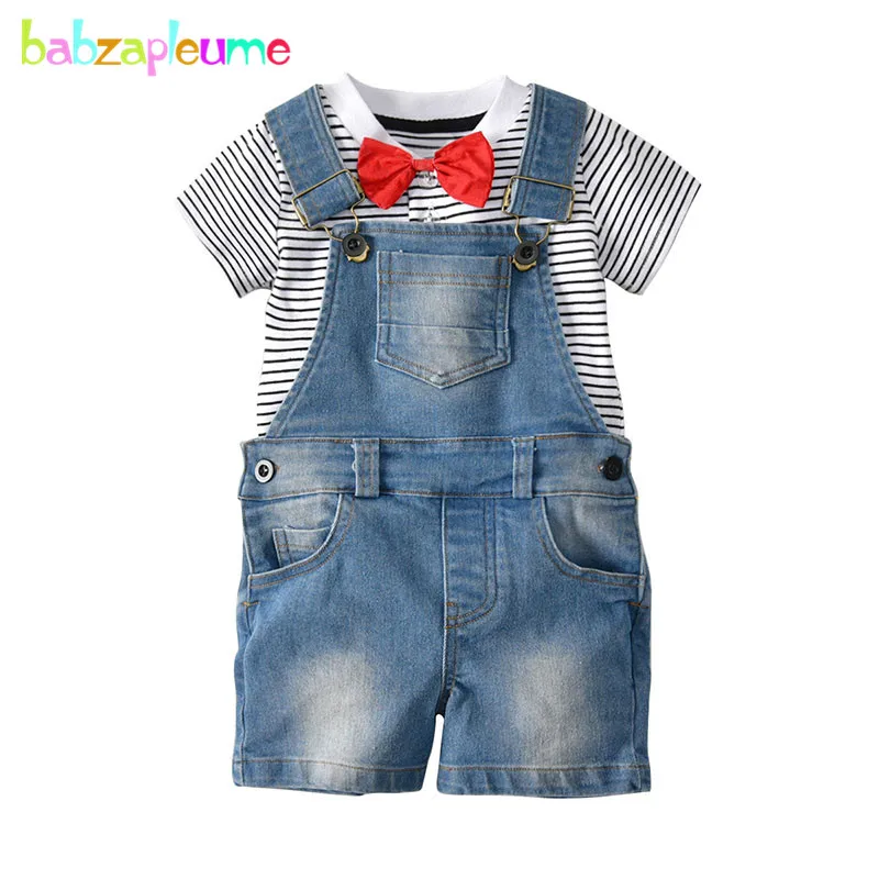 

babzapleume 2Piece Summer Tops Kids Clothes Baby Boys Casual Stripe T-shirt+Denim Overalls Shorts Children Clothing Set BC1714-1