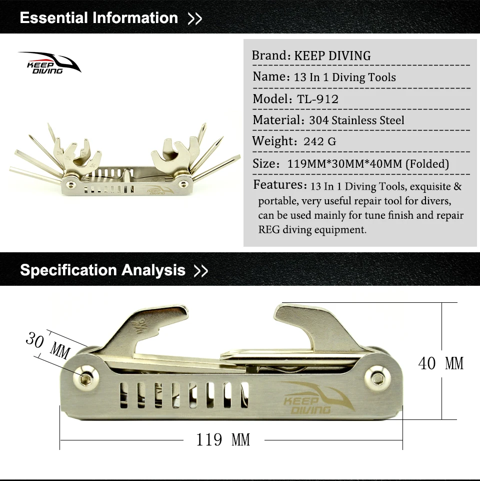 KEEP DIVING 13 в 1 304 набор инструментов для дайвинга из нержавеющей стали, набор для дайвинга, отвертка, Мульти-инструмент для ремонта и регулировки