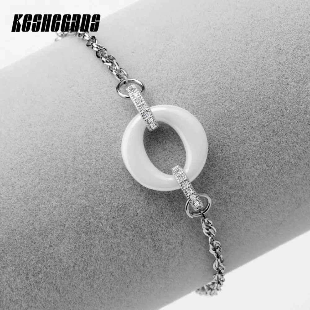 

White Ceramic Round Circle Bracelet With Shining Crystal Elegant Jewelry For Women Girls Stainless Steel Chain 18cm Long Gifts