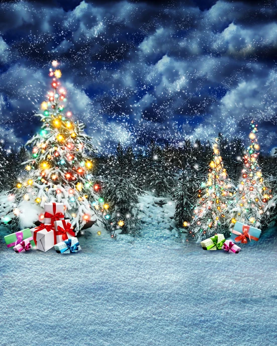 8x12FT Winter Nacht Schnee Wald Bereich Glitter Weihnachtsbaum Wolken