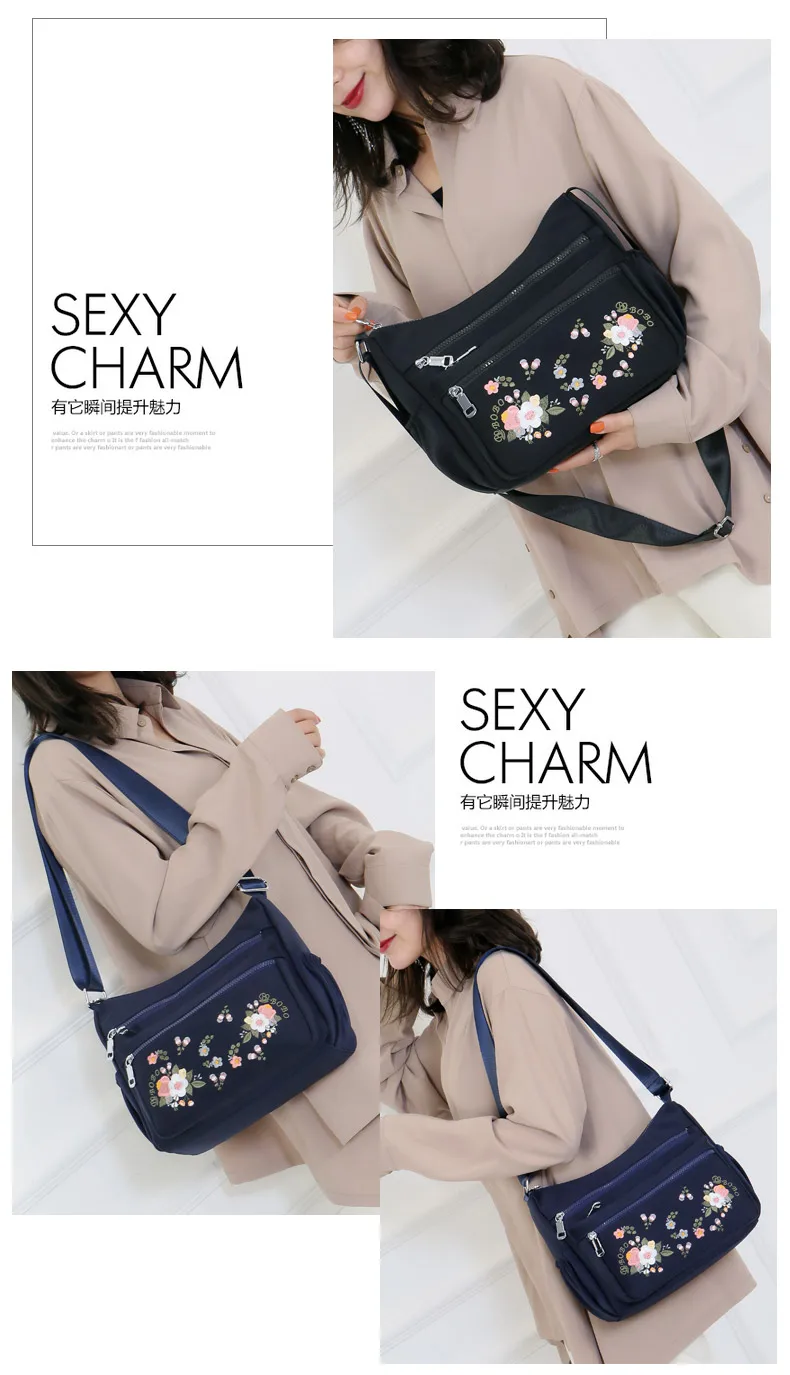 Женская сумка с цветочной вышивкой, женская сумка на плечо, высокое качество, сумки через плечо для женщин, роскошная дизайнерская Маленькая нейлоновая сумка синего цвета