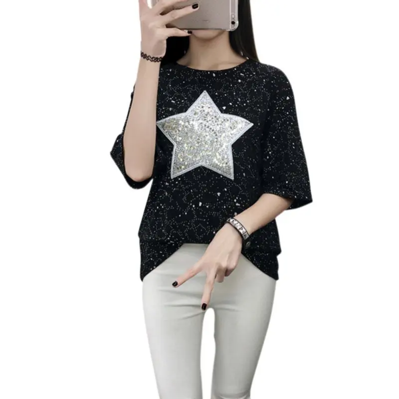 Summer 2018 New Fashion Plus Size T shirt Women Star Patterns Sequined Short Sleeve Loose Casual Tee Shirt Tops Summer 2018 New Fashion Plus Size T shirt Women Star Patterns Sequined Short Sleeve Loose Casual Tee Shirt Tops