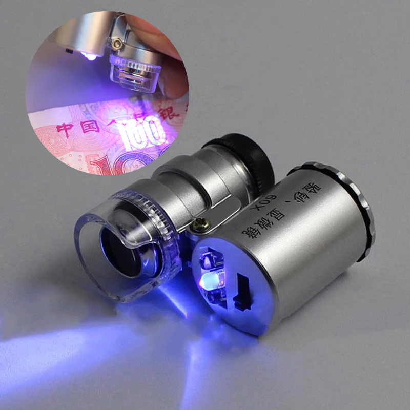

1PCS Mini Jeweler 60X LED UV Light Pocket Microscope Jewelry Magnifier Loupe Glass 3led UV Counterfeit Money Detector