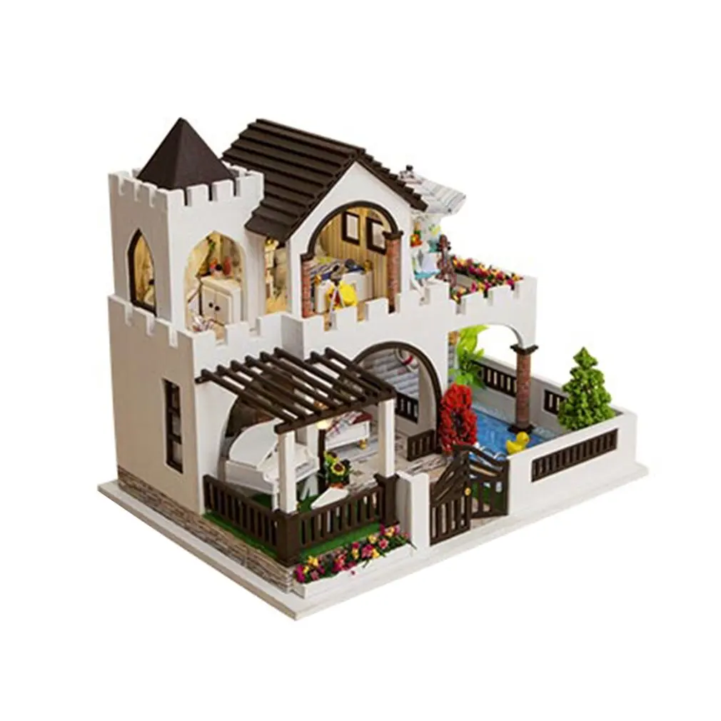 

OCDAY DIY Dream Castle Big Villa Miniature Dollhouse With Furnitures 3D Wooden Model Doll House Toys For Children Birthday Gift