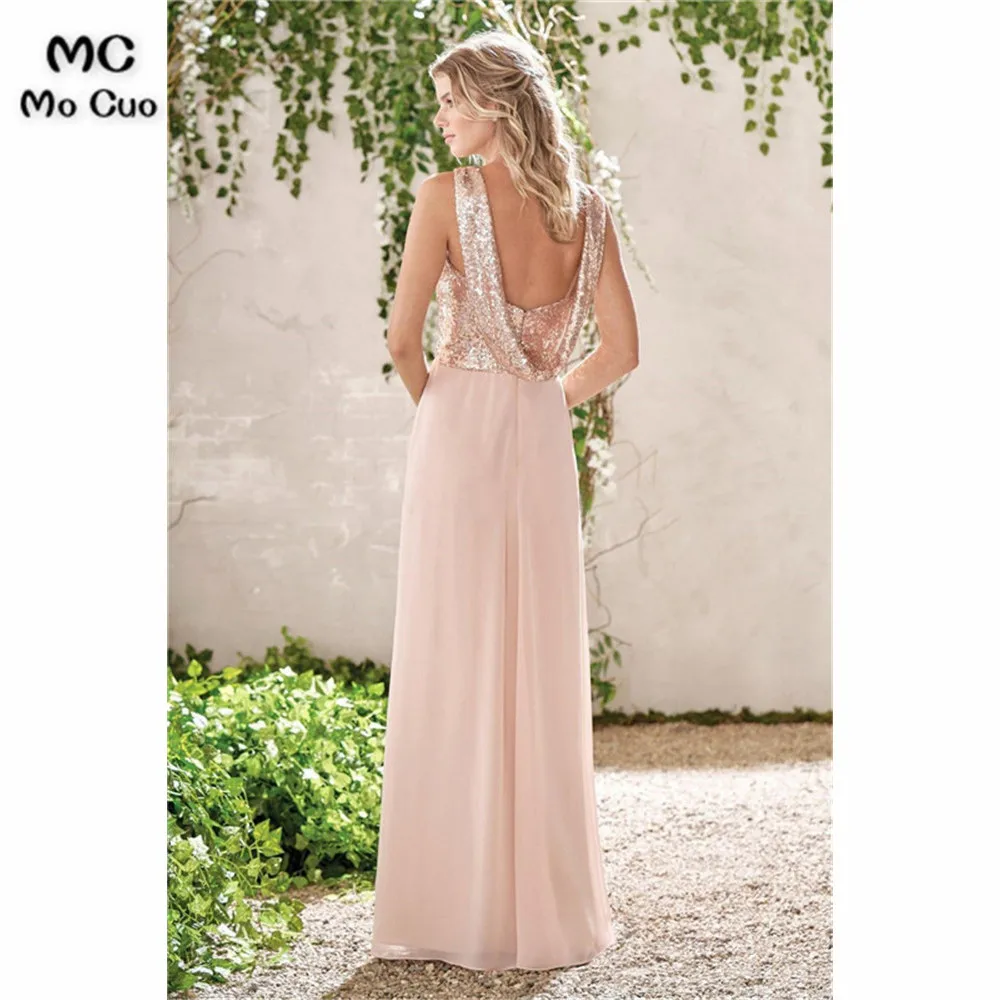 Elegant Rose Gold A Line Chiffon Bridemaid Dresses Long 2019 Spaghetti Straps Sequin Top Maid of Honor Gowns Prom Party Gowns44