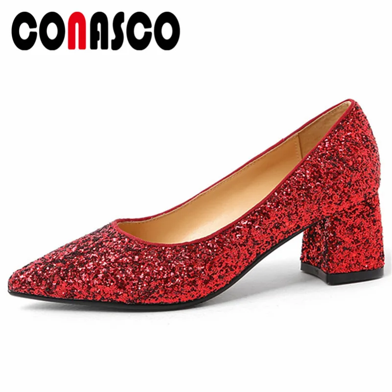 

CONASCO 2019 New Sexy Women Glitters Party Wedding Shoes Woman Thick High Heels Pointed Toe Prom Pumps Slip On Basic Pumps