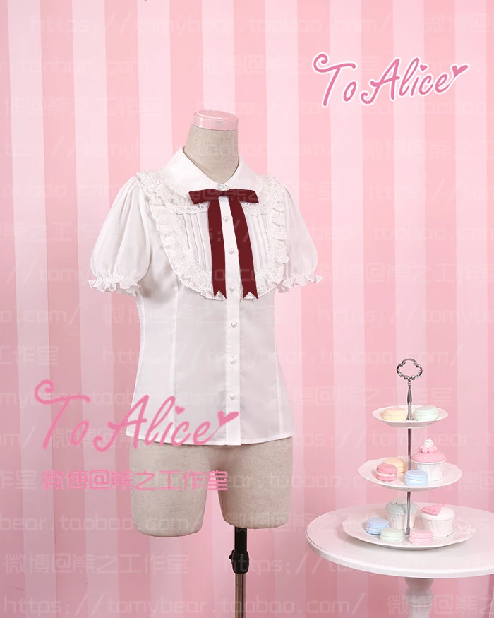 Kawaii Обувь для девочек "Молочный мишка" Тема Лолита Блузка короткий рукав Летняя шифоновая белая рубашка с 3 цвета Луки милые