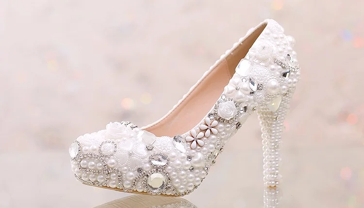 15_Pearl Diamond White Bridal Wedding Shoes Red Platform Super High Heels Woman Elegant Free Shipping Size 40