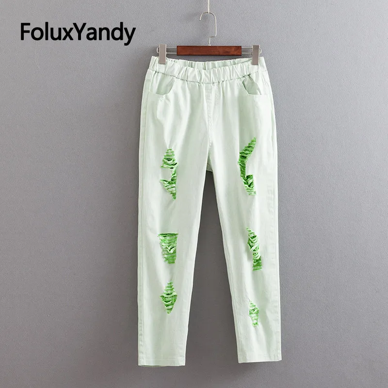 

Colorful Hole Jeans Women Plus Size 3 4 5 6 XL Casual Stretched Pencil Pants Slim Denim Jeans Trousers KKFY3486
