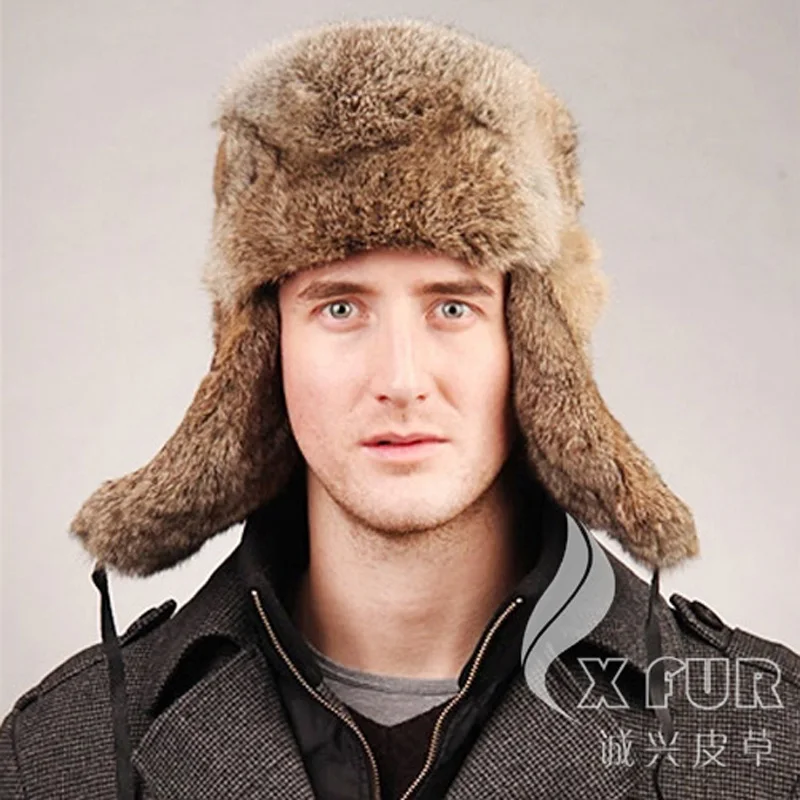 

CX-C-26B European Earflap Design Men's Cap Genuine Rabbit Fur Russian Hat