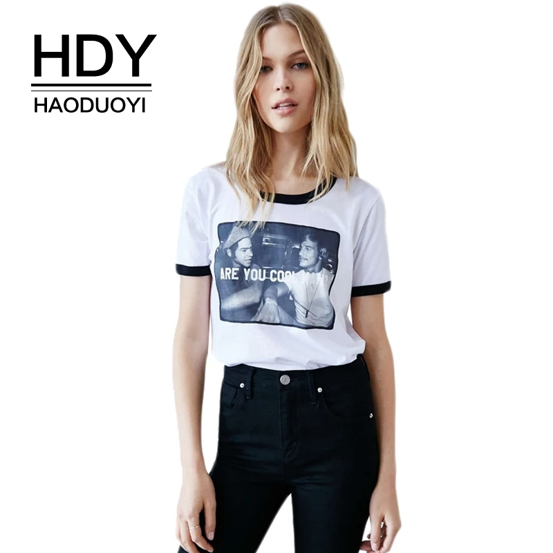 

HDY Haoduoyi Brand Women Printed White Casual T-Shirts O-Neck Short Sleeve Patchwork Preppy Style Female Sexy Tees Lady