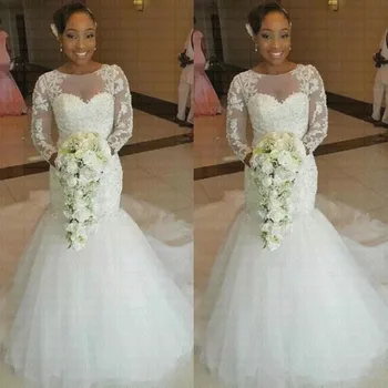 

2019 New African Stunning Neckline Mermaid Wedding Dress Sweep Train Bridal Gowns