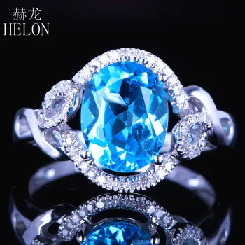 

HELON 10x8mm Oval 2.5ct Blue Topaz Ring Solid 14K White Gold Blue Topaz & Natural Diamonds Ring Engagement Women's Fine Jewelry