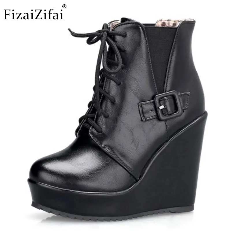 FizaiZifai Size 34 43 Ladies High Wedges Boots Weomen Cross Strap Buckle Platform Trifle Boot