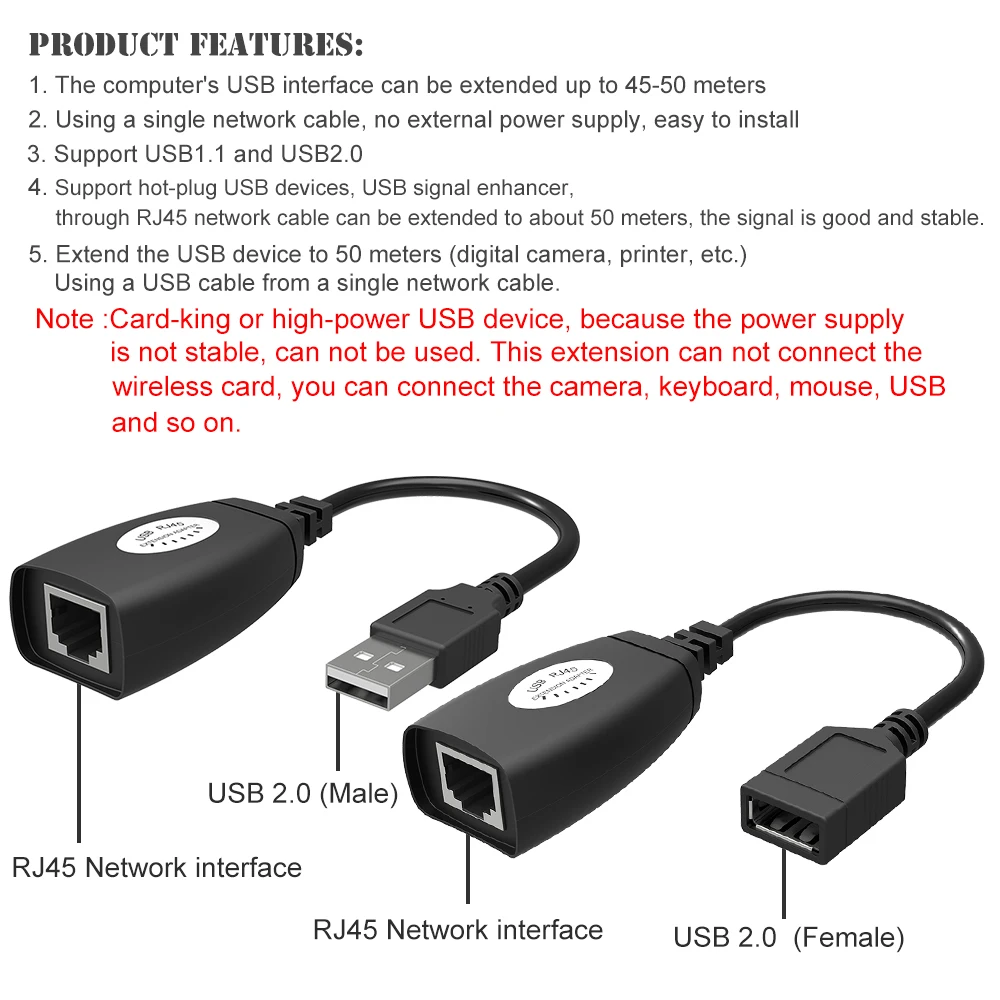 USB удлинитель адаптер 50 м один RJ45 Ethernet CAT5E 6 до 150 футов кабель для ноутбука DVR мышь