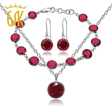 GemStoneKing Beautiful 25.00ctw 3 Piece Created Ruby 925 Sterling Silver Jewelry Set