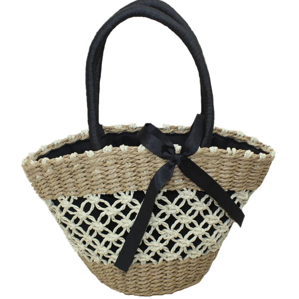

New Ladies Straw Bag Fashion Hollow Design Color Strip Crochet Corn Leather Handbag 2019 Bohemian Bow Ladies Beach Shoulder Bag