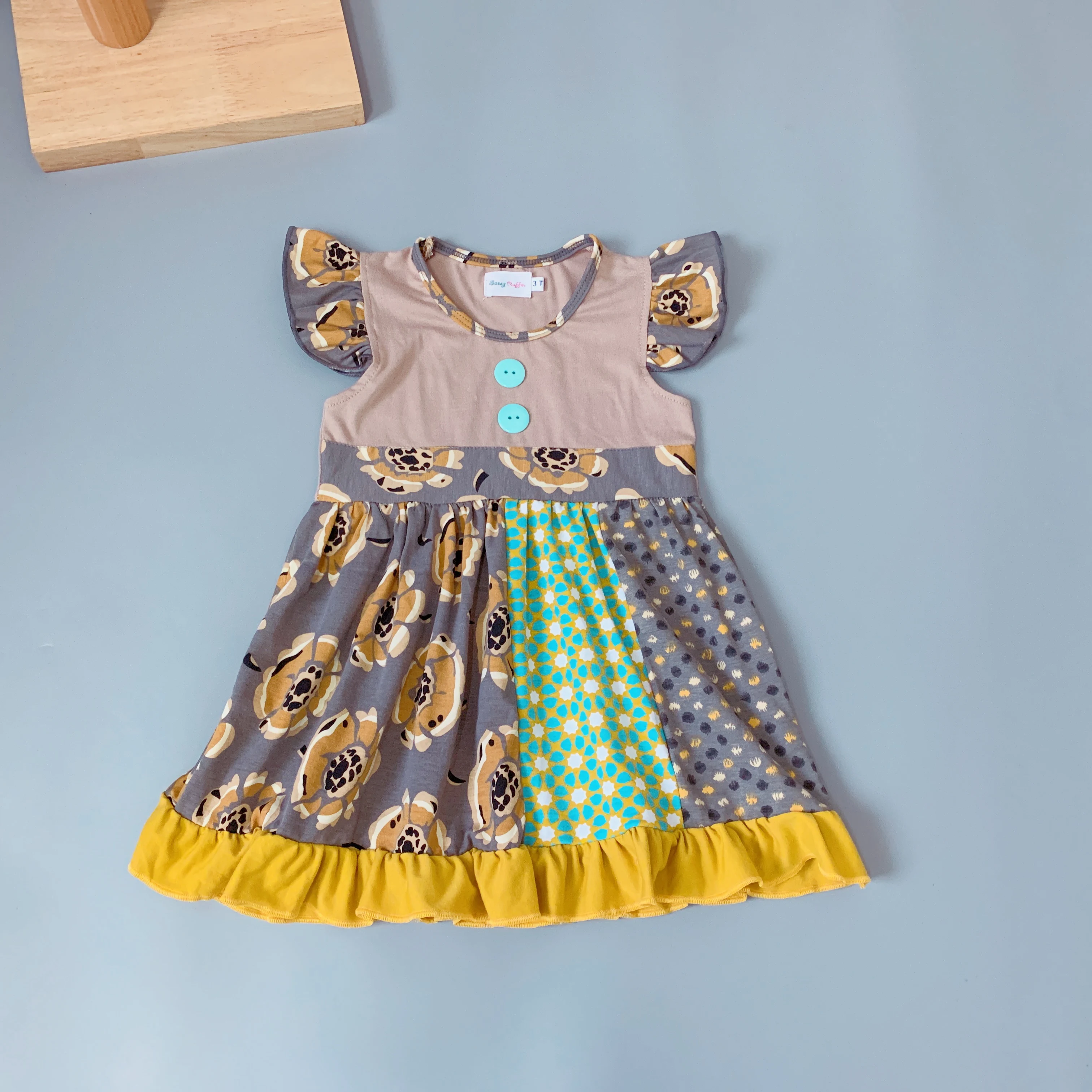 

Baby girl summer Dark grey dress with mustard mustard ruffle collar geometry pattern newest dress with double ruffles