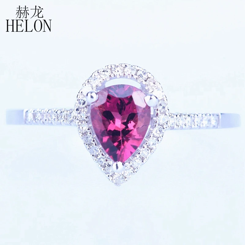 

HELON Certified Pear Cut 5x7mm Genuine Tourmaline Ring Solid 10K White Gold Trendy Vintage Diamond Rings For Women Fine Jewelry