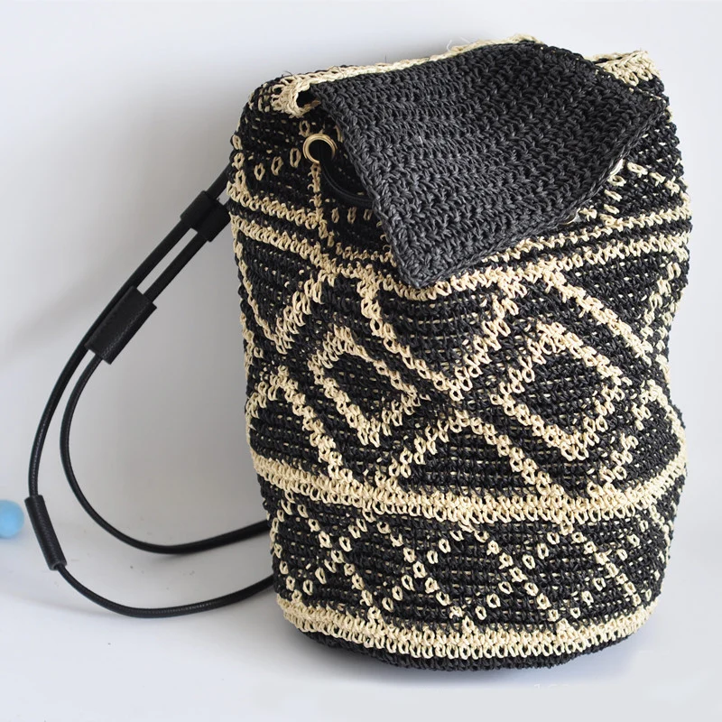 Бали соломенная сумка мешок с принтом Алмазная ручная вязка drawstring рюкзак цилиндр