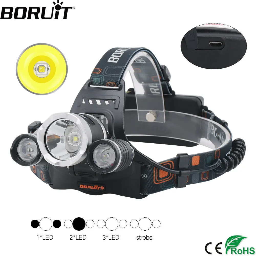 BORUiT RJ-3000 XM-L2 R2 фары 4-режим USB Зарядное устройство фары Водонепроницаемый Глава Факел Рыбалка Охота фонарик 18650 Батарея - изображение
