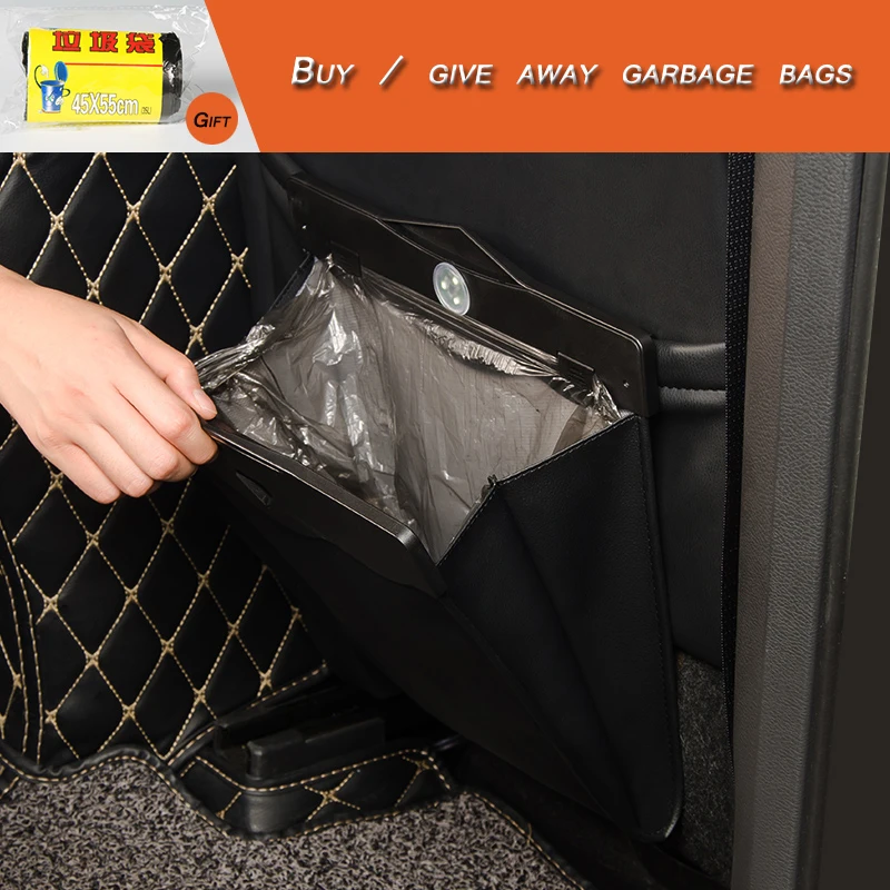 

leather Durable Foldable Car Trash Can Waterproof Collapsible Garbage Bag Car Trash Bin Hanging LED induction night light