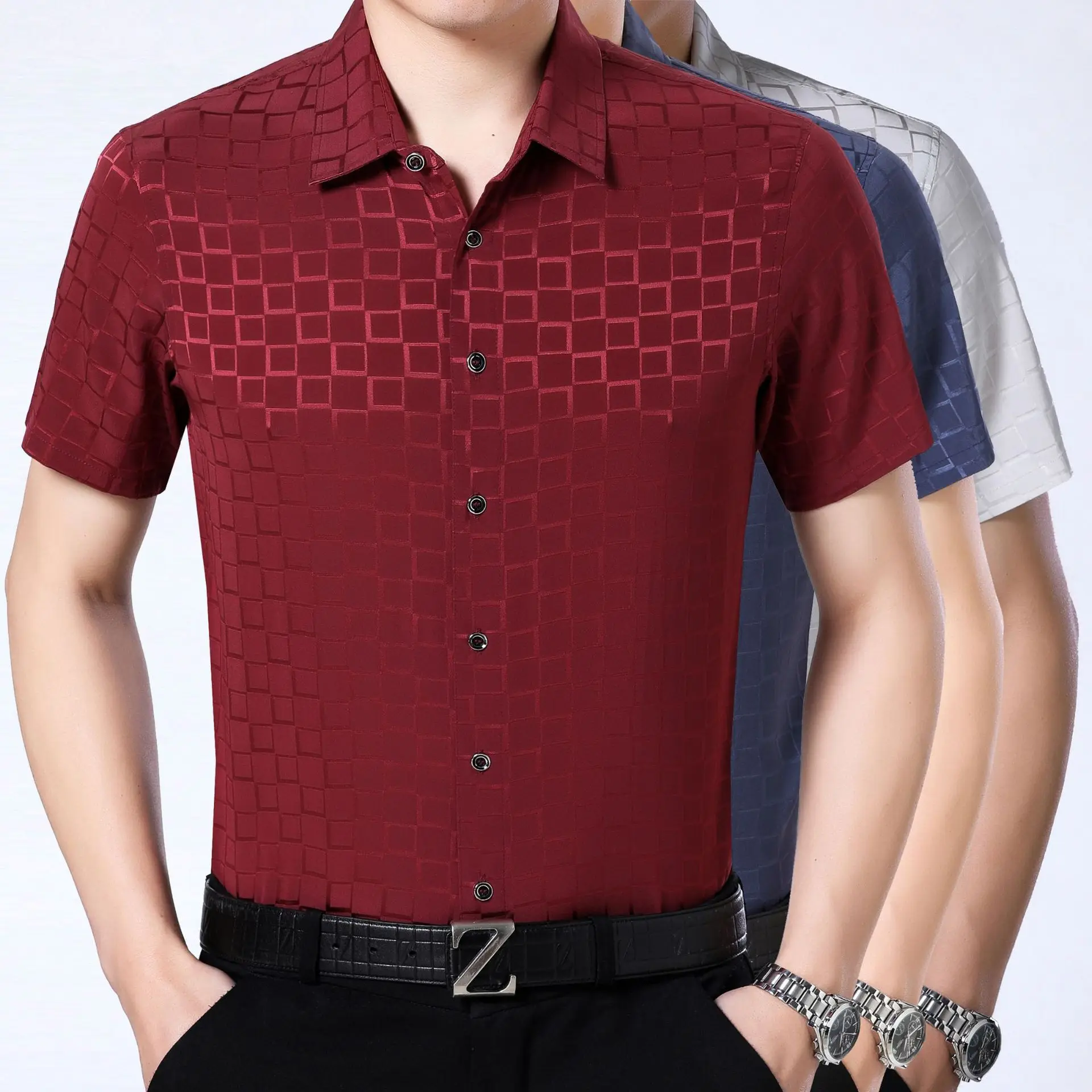 92 Silk Short Sleeved Shirt Men's Summer Thin Silk Silk Satin Shirtin
