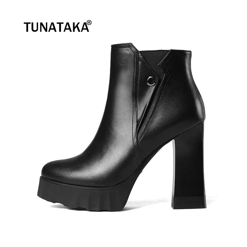

Ladies Genuine Leather Thick High Heel Ankle Boots Fashion Zipper Round Toe Platform Winter Bootie Black Beige