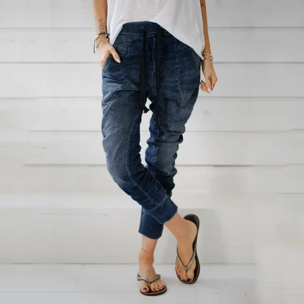 Женские джинсы с эластичной резинкой на талии, штаны-шаровары размера плюс, джинсы с эффектом потертости