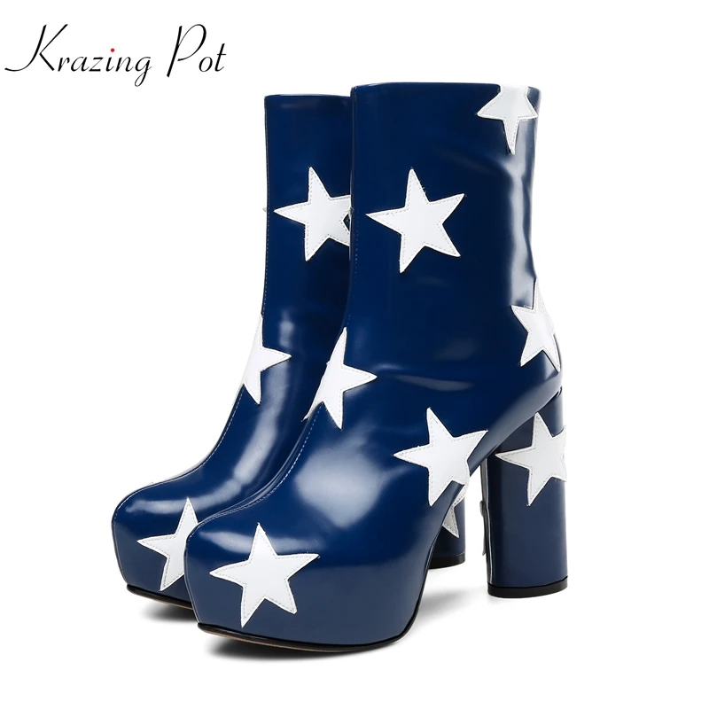 

Krazing Pot cow leather runway girl super high heels high street fashion five-star patterns round toe Chelsea ankle boots L98