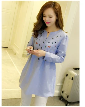 

Waist pleated embroidery cotton maternity shirt summer and spring shirt top pregnant women clothing