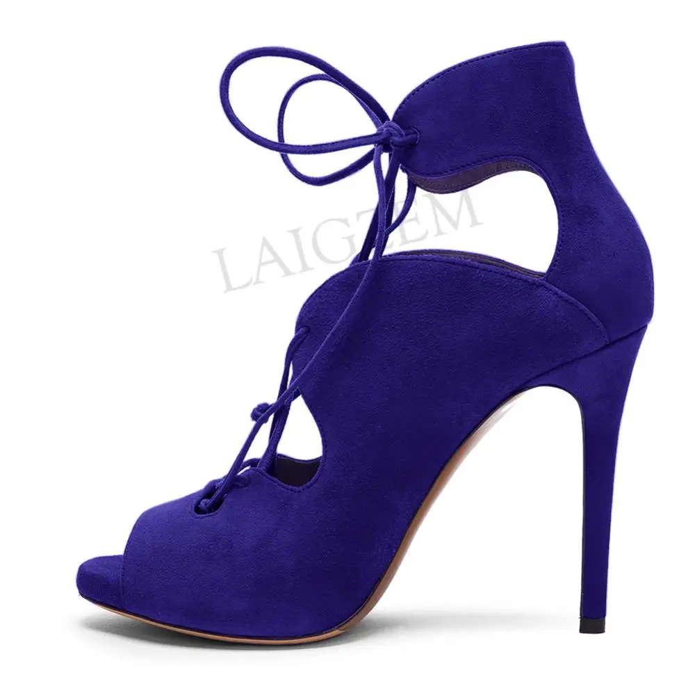 LAIGZEM Women Sandals Open Toe Faux Suede Stiletto Heels Sandals Pumps Sandalia Shoes Woman Sandalias Verano Large Size 34-52 (4)