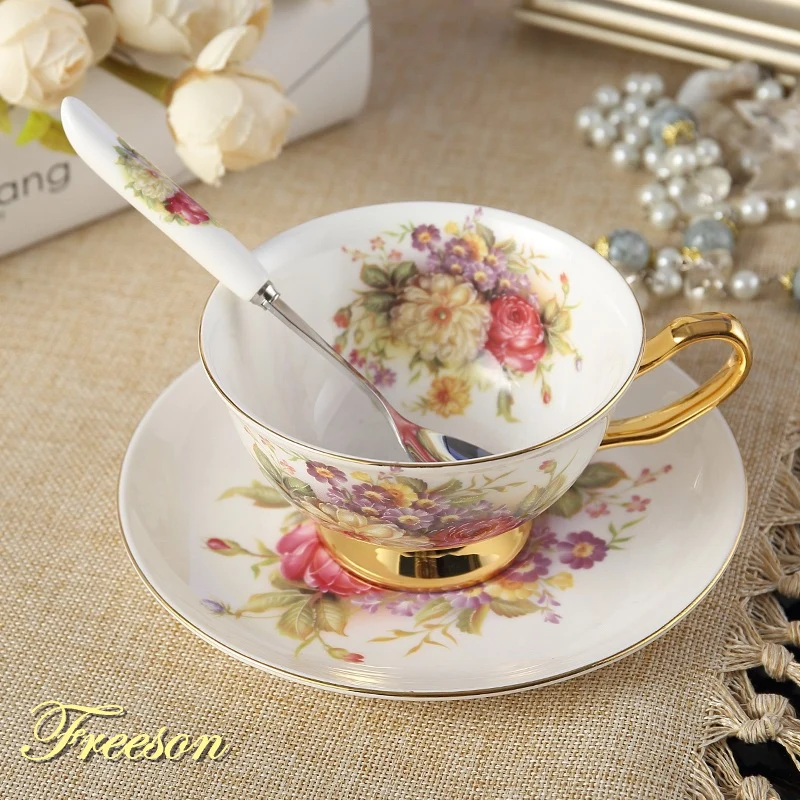 

Pastoral Floral Bone China Tea Cup Saucer Spoon Set 200ml Cafe Ceramic Coffee Cup Elegant Advanced Porcelain Teacup Dropshipping