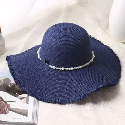 Новые летние женские шляпы от солнца козырек шляпа с широкими полями модные жемчужные буквы Burr соломенная шляпа Открытый морской праздник пляжные кепки - Цвет: dark blue