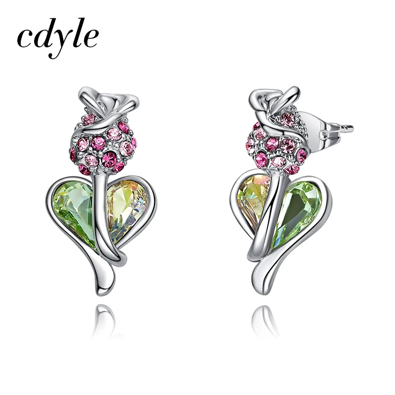

Cdyle Embellished with crystals Rose and Heart Stud Earrings multicolor Austrian Rhinestone Silver Color Earrings
