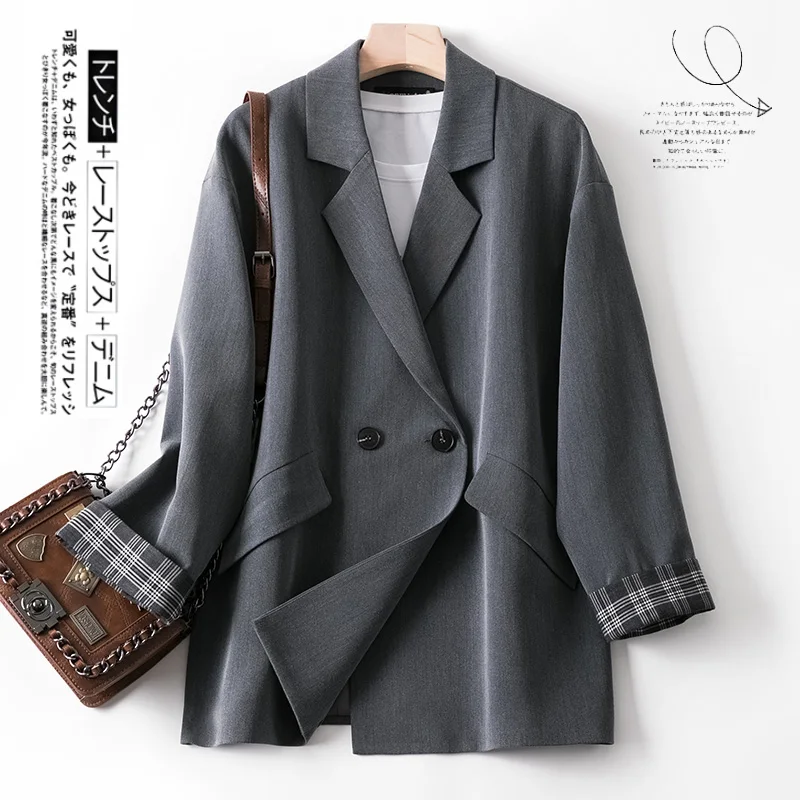 Shuchan Woman Blazer 2019 Double Breasted Gray Double Breasted  Notched Loose Blazer Feminino Fashion Womens Tops Casual
